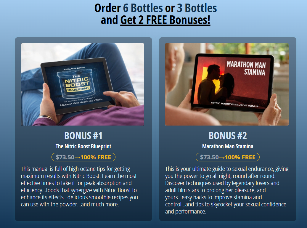 Free digital bonuses included with Nitric Boost Ultra 3-jar and 6-jar packages